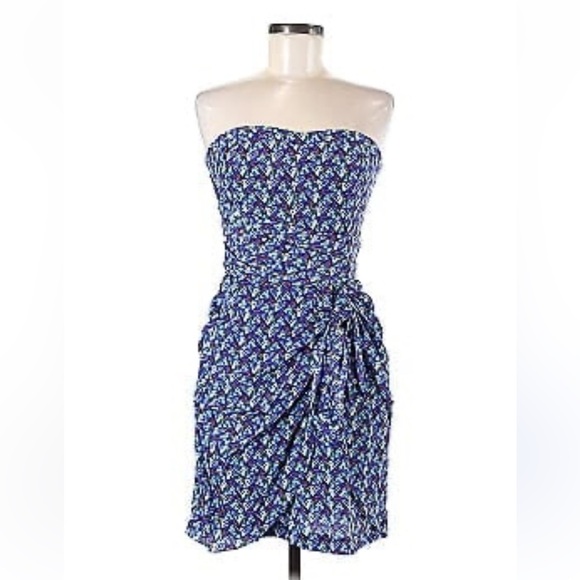 Club Monaco Silk Harper Strapless Mini Dress Blue Abstract Floral Print Size 2 - Picture 3 of 10